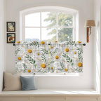 Spring Daisy Tier Curtains, Farmhouse Country Flower Leaf Plant Wood Grain - Image 3