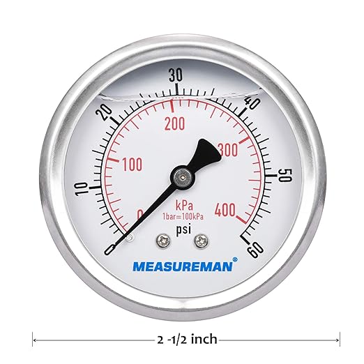 MEASUREMAN 2-1/2inch Dial Size, Liquid Filled Pressure Gauge, 0-60psi/400kpa - Image 5