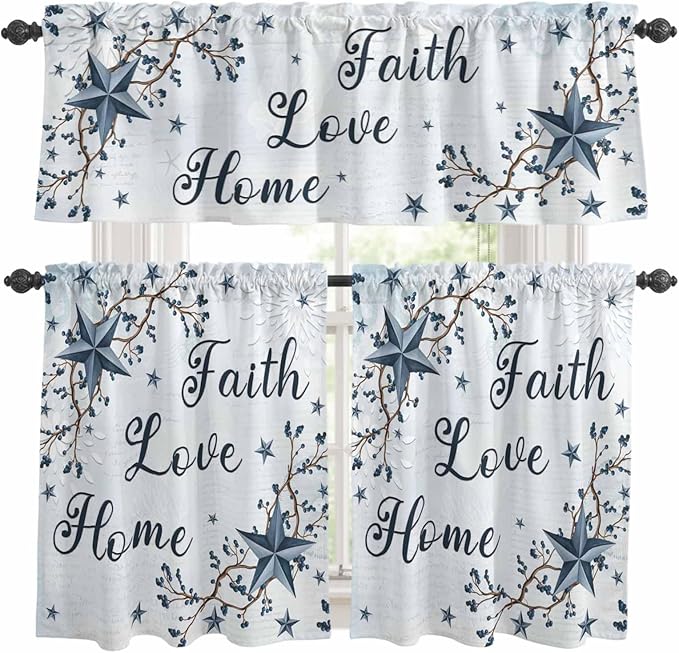 Kitchen Curtains Tiers and Valance Set of 3, Texas Star Country Light Filtering by Anzona
