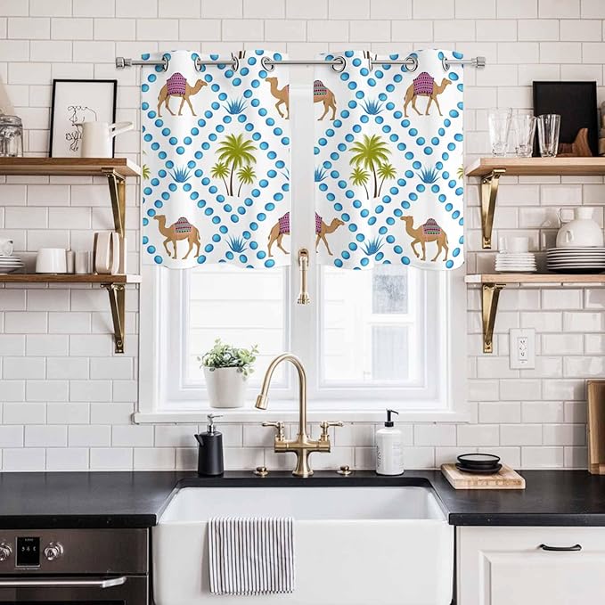 2 Panel Kitchen Cafe Curtains, Camels Palm Trees Sunlight Filtering Nature Air - Image 2