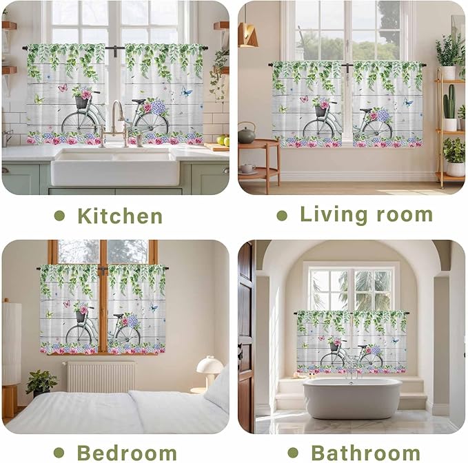 Spring Kitchen Curtains, Bicycles Botanical Rose Leaves Butterfly Wood Grain - Image 8