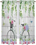 Spring Kitchen Curtains, Bicycles Botanical Rose Leaves Butterfly Wood Grain by Unknown