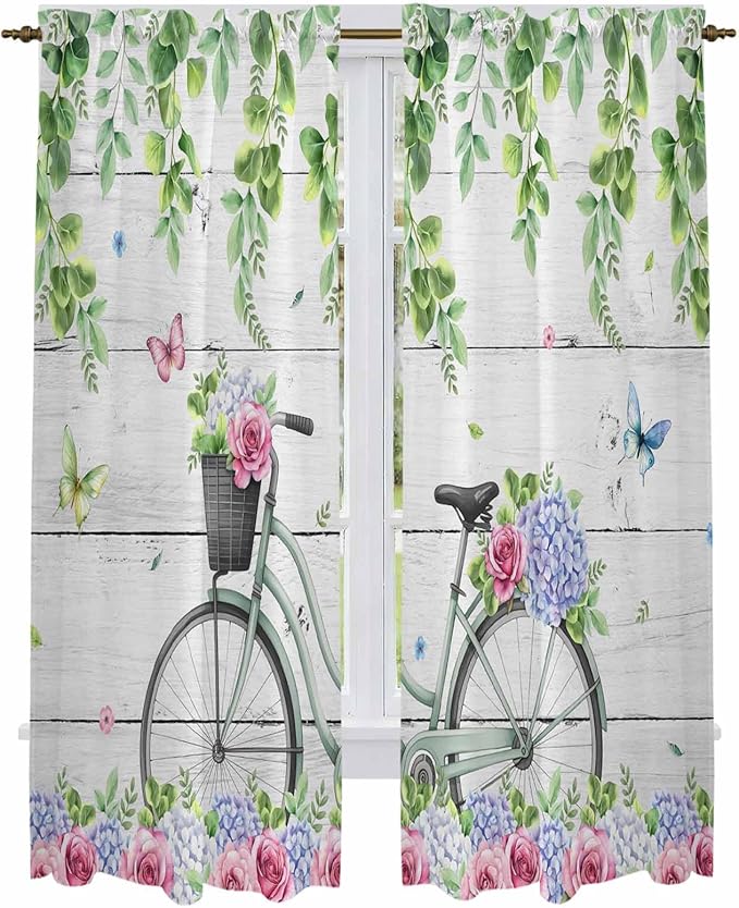 Spring Kitchen Curtains, Bicycles Botanical Rose Leaves Butterfly Wood Grain by Unknown