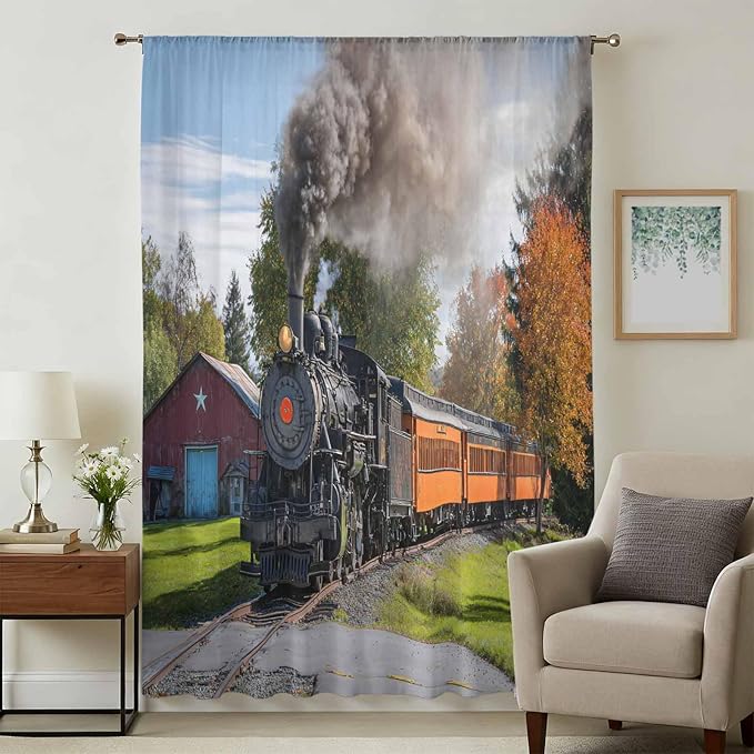 Steam Train Sheer Curtains 45 Inch Length Railroad Country Barn Rustic Trees - Image 3