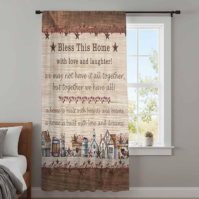 Farmhouse Sheer Curtains 54 Inch Length Brown Country Star Berry Vintage Wood - Image 4