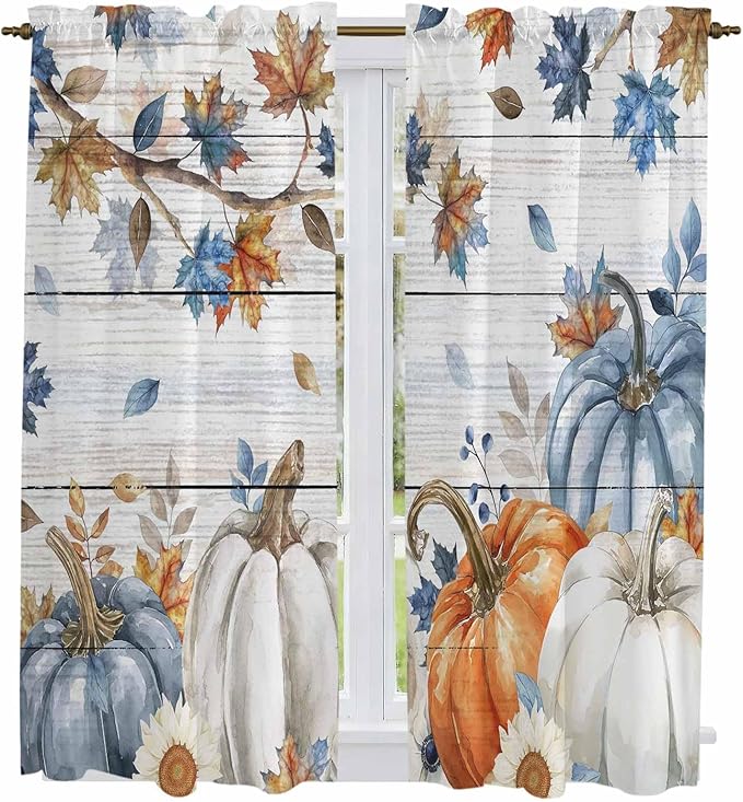 Thanksgiving Pumpkin Window Curtains 63 Inch Long 2 Panel Set, Rod Pocket - Image 2