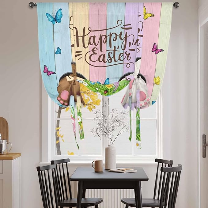 Tie Up Curtains, Happy Easter Rabbit Butt Egg on Daisy Leaf Adjustable Rod - Image 4