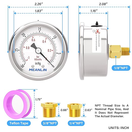 MEANLIN MEASURE -30inHG~0Psi Vacuum Gauge Stainless Steel 1/8" NPT 2" FACE DIAL - Image 2