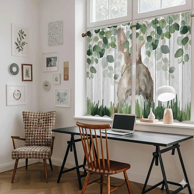 Easter Kitchen Curtains, Country Rabbit Botanical Leaves Wooden Grain Light - Image 6