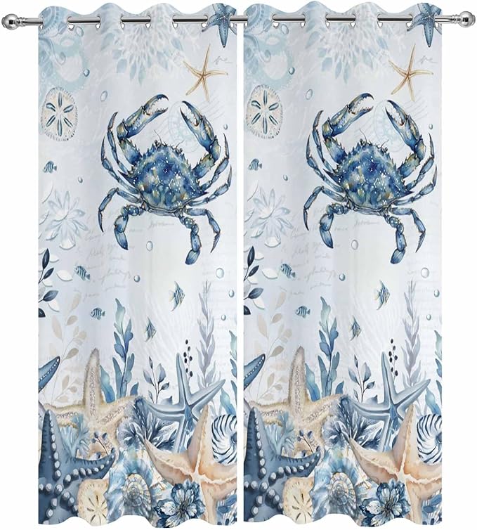 Oceans Outdoor Curtains for Patio Crabs Marine Life Shell Starfish Blue - Image 9
