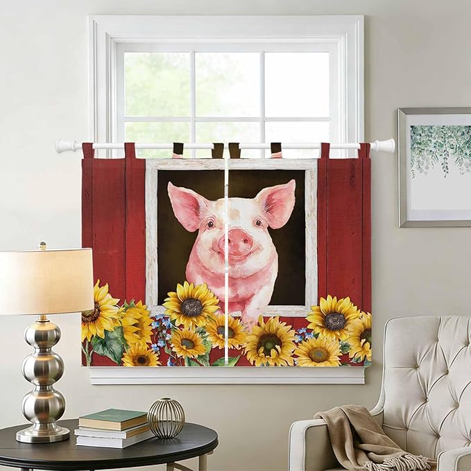 Pigs Sunflowers Kitchen Curtains 45 Inch Length, Short Cafe Window Curtains Tab - Image 2