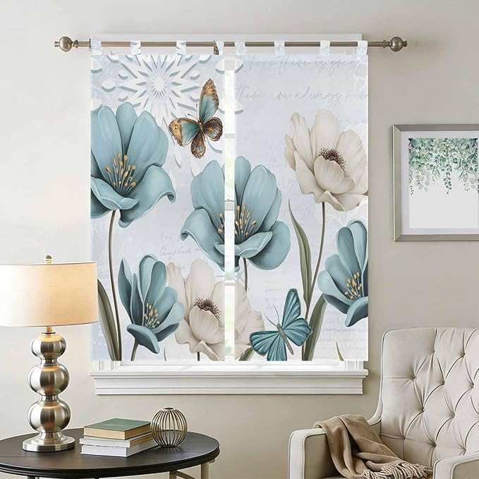 Blue Tulips Living Room Curtains 84 Inch Length, Window Curtains Tab Top - Image 2