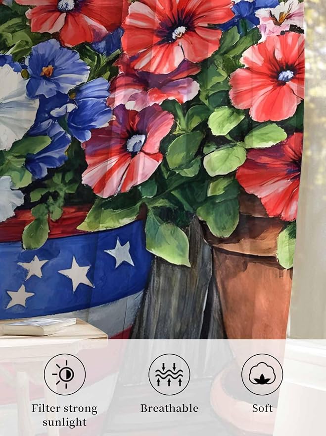 Sheer Curtains 96 Inches Long, Retro Independence Day Flag Wood Grain Privacy - Image 6