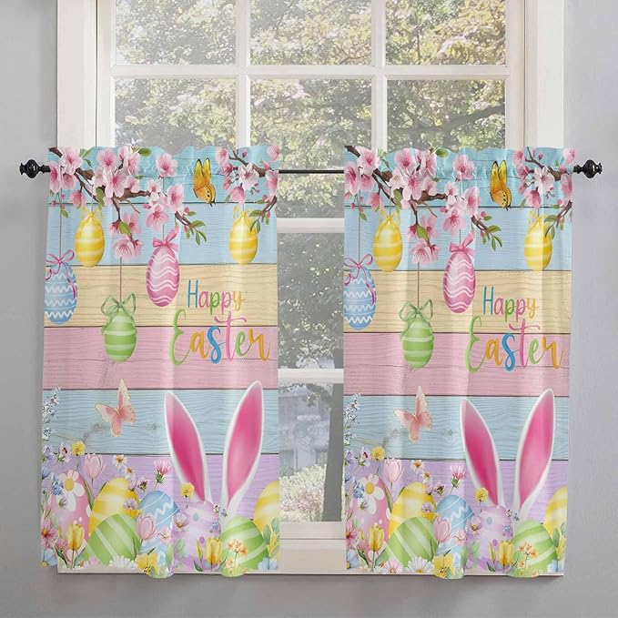 Colorful Easter Kitchen Curtains 45 Inches length, Spring Watercolor Bunny Egg - Image 2