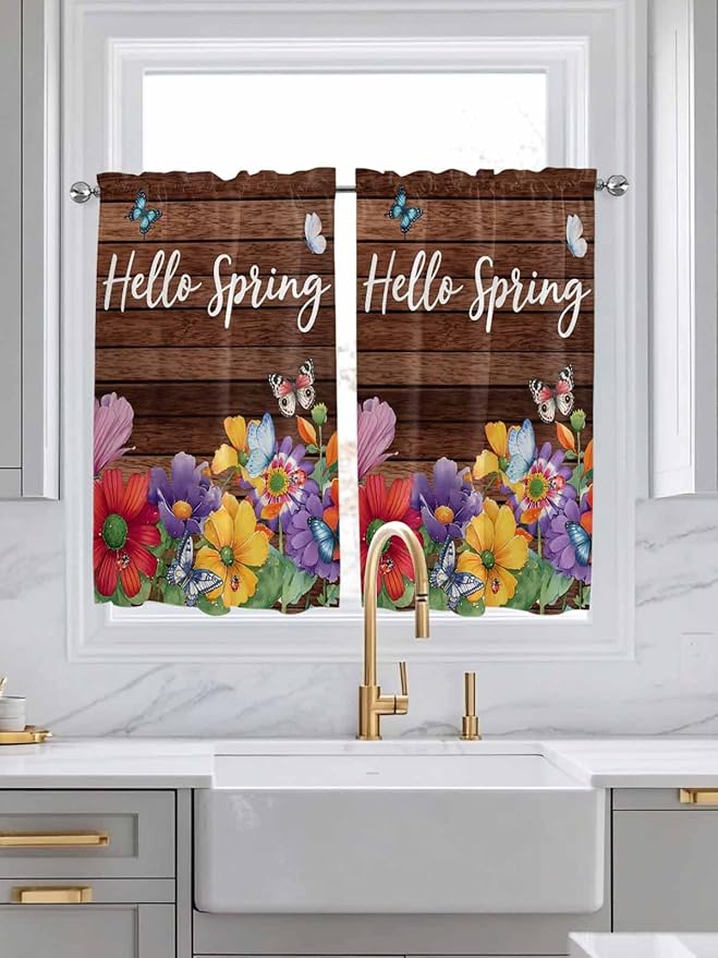 Spring Flowers Kitchen Curtains 45 Inches length, Watercolor Farmhouse Colorful - Image 3