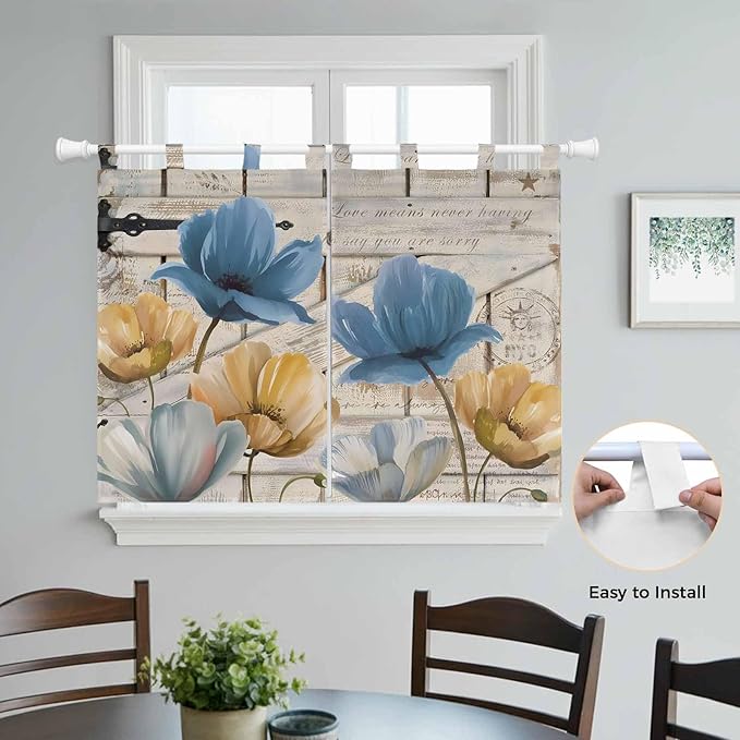 Blue Yellow Tulips Kitchen Curtains 45 Inch Length, Short Cafe Window Curtains - Image 4
