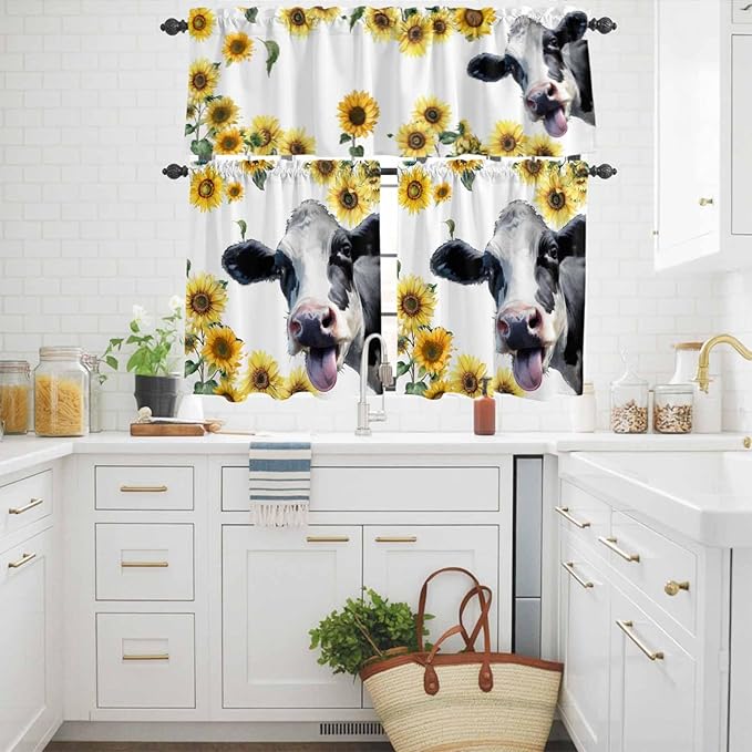 Kitchen Curtains Tiers and Valance Set of 3, Cow Sunflowers Light Filtering - Image 3