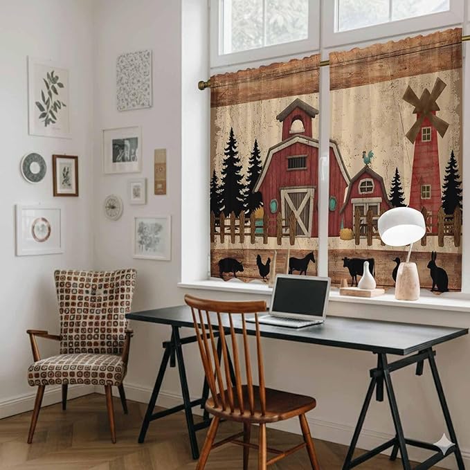 Brown Farmhouse Kitchen Curtains, Vintage Country Animals Wooden Grain Light - Image 6