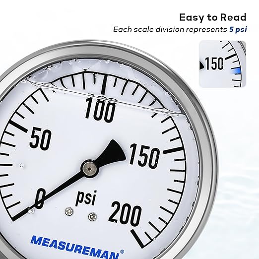 MEASUREMAN Glycerin Filled Plumbing Pressure Gauge 0-200psi Stainless Steel Case - Image 4