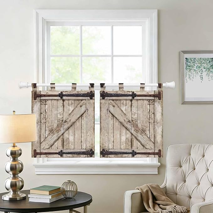 Farmhouse Wood Grain Kitchen Curtains 24 Inch Length, Small Window Curtains Tab - Image 2