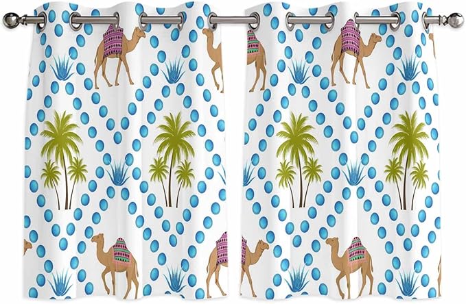 2 Panel Kitchen Cafe Curtains, Camels Palm Trees Sunlight Filtering Nature Air by Hokiten