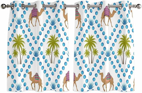 2 Panel Kitchen Cafe Curtains, Camels Palm Trees Sunlight Filtering Nature Air by Hokiten