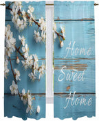 Farmhouse Wooden Grain Kitchen Curtains, Vintage Shabby Chic Flower Blue Light by Unknown