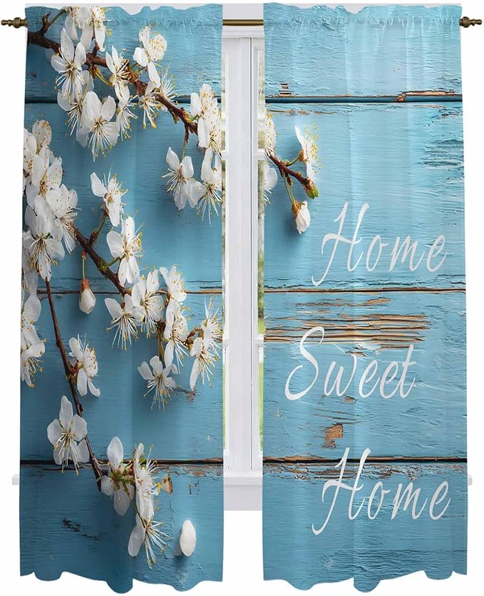 Farmhouse Wooden Grain Kitchen Curtains, Vintage Shabby Chic Flower Blue Light by Unknown