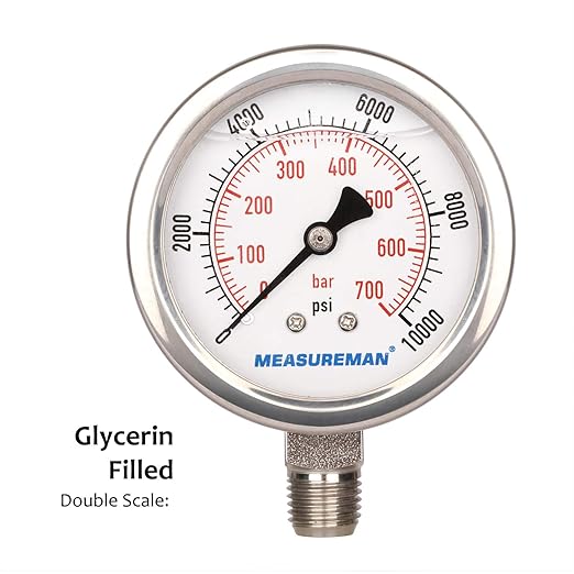 MEASUREMAN 2-1/2" dial, Glycerin Filled Hydraulics Pressure Gauge Stainless - Image 3