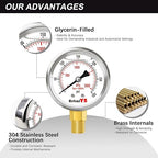 0-300 PSI Heavy-Duty Pressure Gauge, Glycerin-Filled, Stainless Steel, 1/4" NPT - Image 3