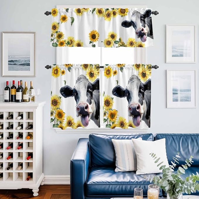 Kitchen Curtains Tiers and Valance Set of 3, Cow Sunflowers Light Filtering - Image 6
