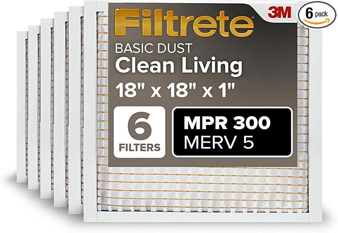 Filtrete 18x18x1 Air Filter, MPR 300, MERV 5, Clean Living Basic Dust 3-Month by Filtrete