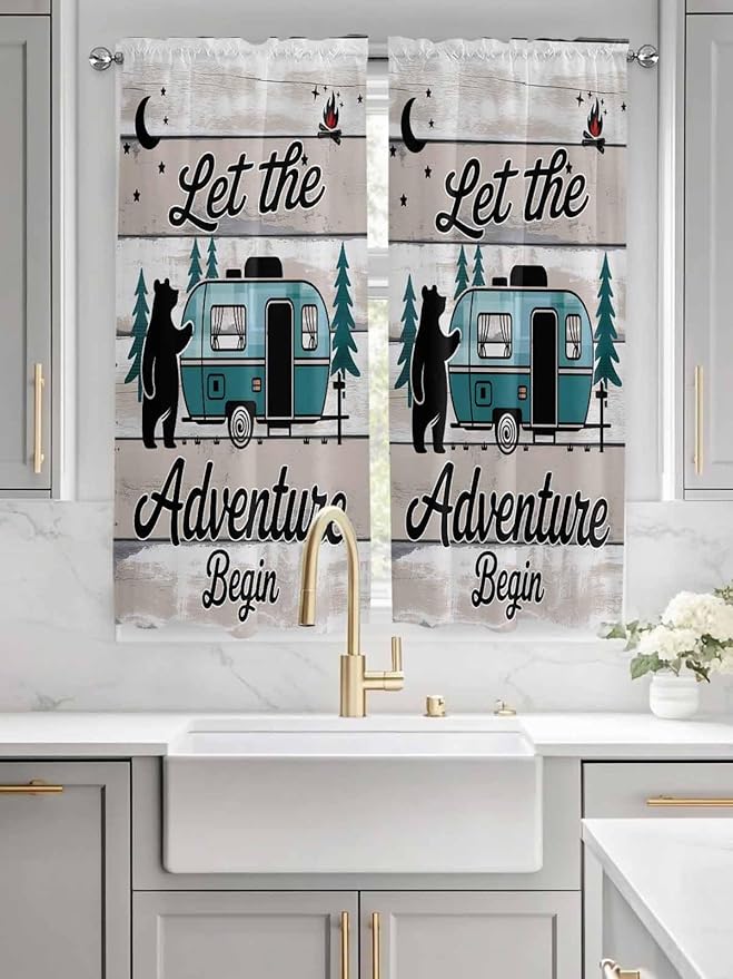 Farmhouse Bear Camper Van Tree Window Valance Curtains, Vintage Wood Grain - Image 3