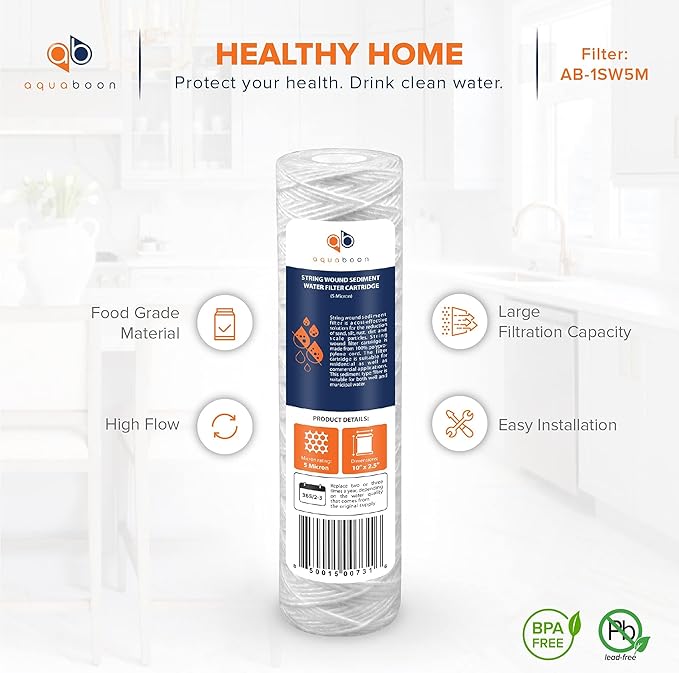 Aquaboon Whole House 5 Micron 10 x 2.5 String Wound Sediment Water Filter - Image 4