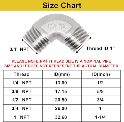 3/4" x 3/4" NPT 90 Degree Elbow 304 Stainless Steel Pipe Fittings Male Threaded - Image 2