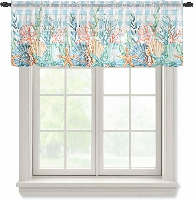 Summer Beach Sheer Valance Curtains, Ocean Colorful Coral Shell Seaweed by Houseown