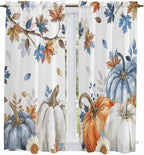 Navy Blue Pumpkin Fall Window Curtains 63 Inch Long 2 Panel Set, Rod Pocket - Image 2