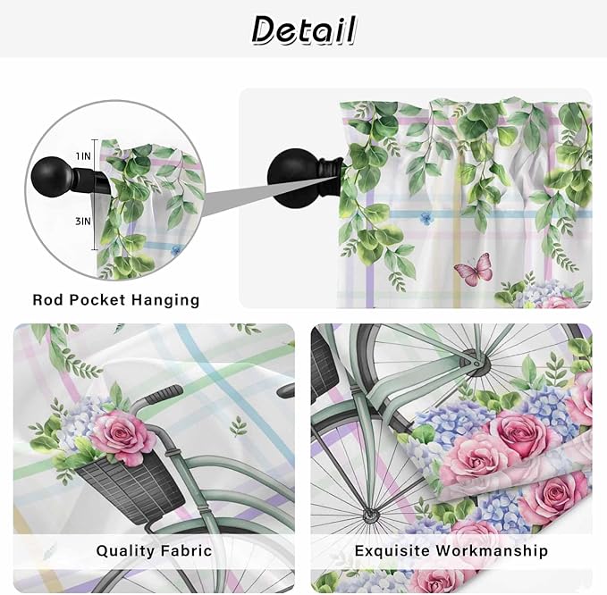 Spring Kitchen Curtains, Bicycles Botanical Leaves Rose Colorful Stripes Light - Image 9