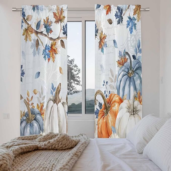 Fall Blue Maple Window Curtains 72 Inch Long 2 Panel Set, Rod Pocket Long - Image 4