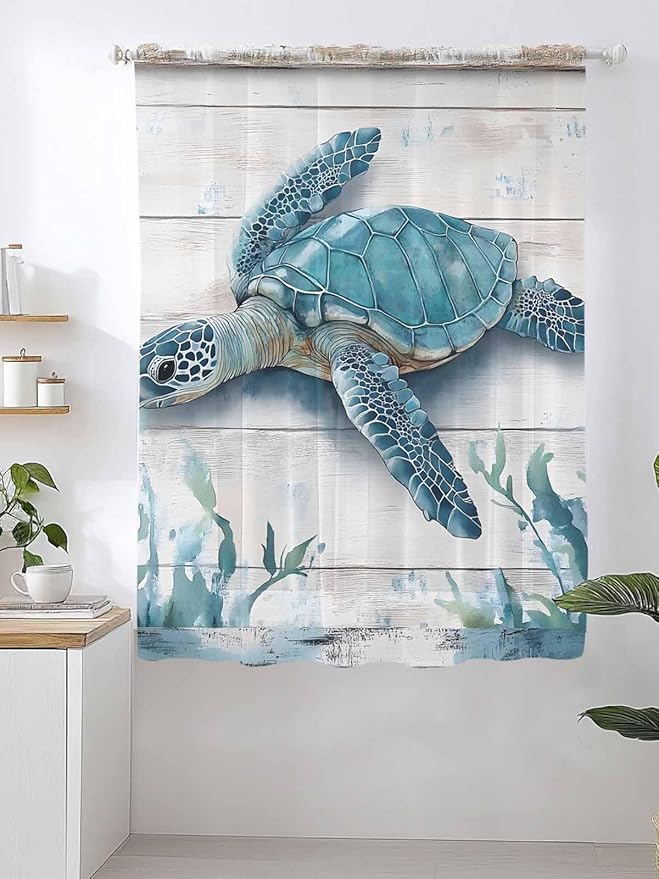 Sheer Curtains 72 Inches Long, Teal Green Sea Turtle Semi Sheer Curtains Light - Image 2
