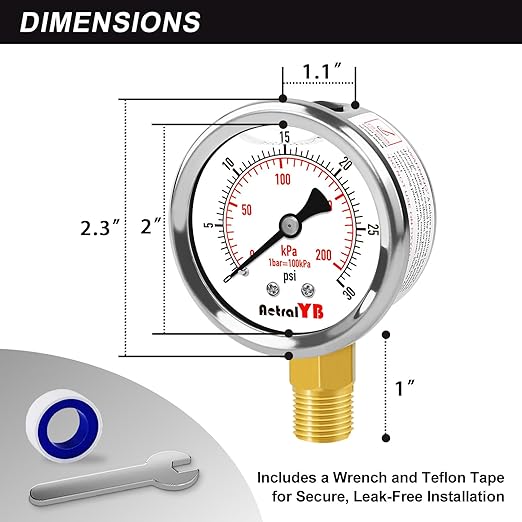 0-30 PSI Pressure Gauge, Glycerin-Filled, 2-Inch Stainless Steel Gauge - Image 5