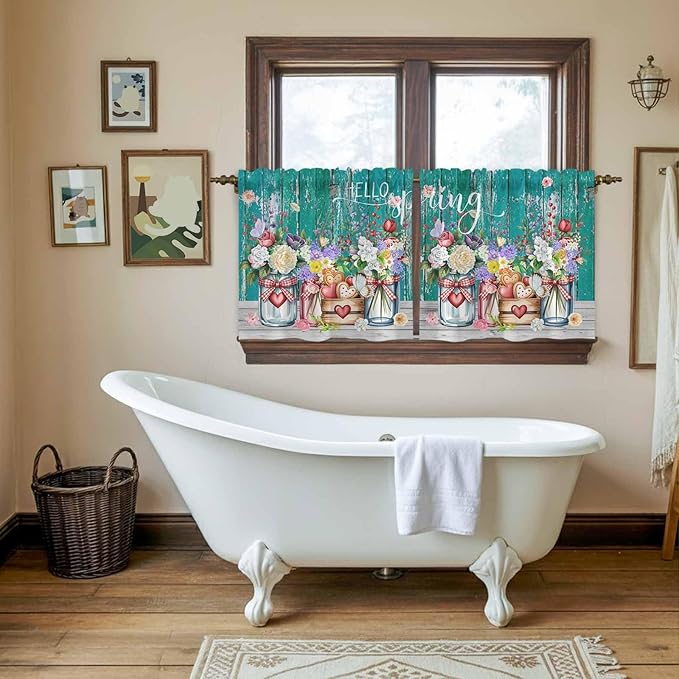 Spring Flowers Tier Curtains, Farmhouse Watercolor Teal Wood Grain Light - Image 5