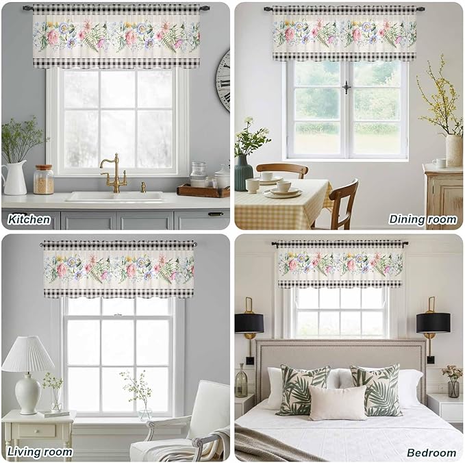 Blue Pink Floral Sheer Valance Curtains, Spring Summer Botanical Linen Black - Image 9