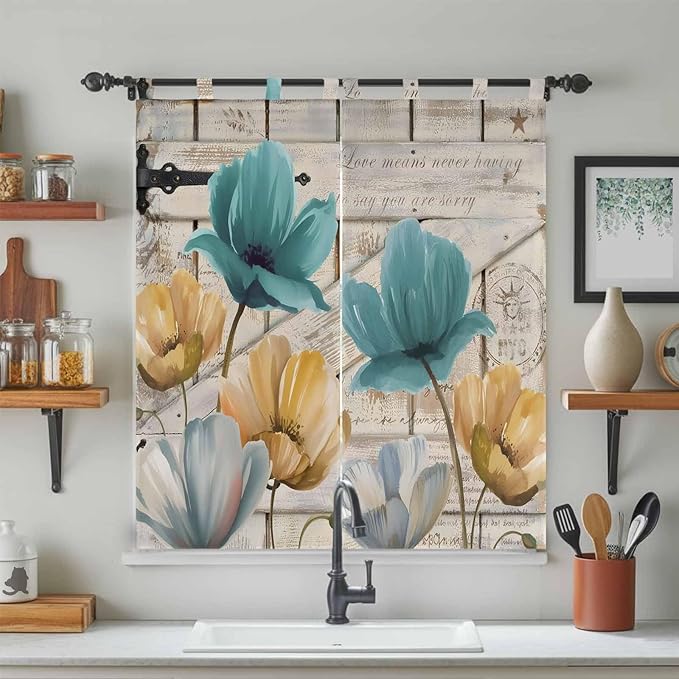 Watercolor Flowers Bedroom Curtains 72 Inch Length, Window Curtains Tab Top - Image 3