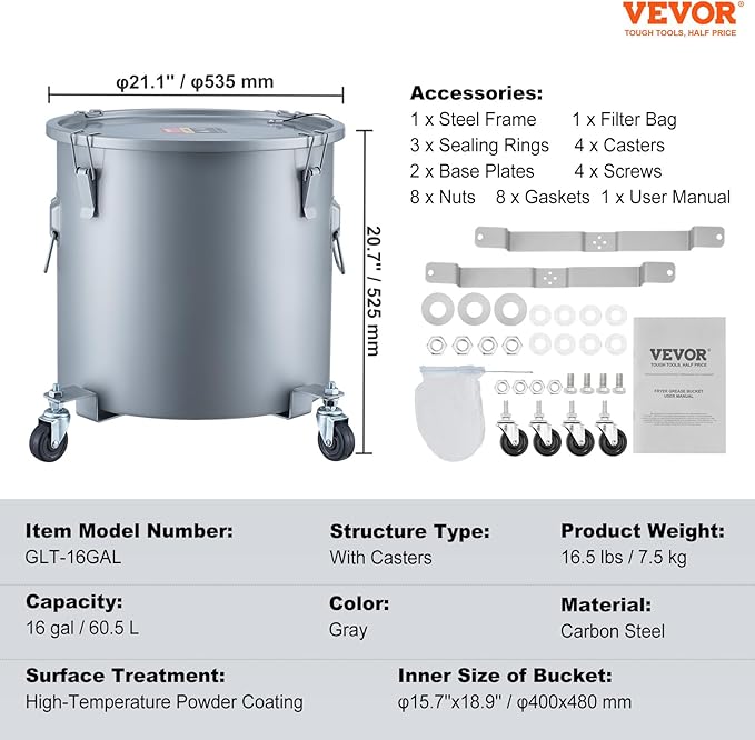 VEVOR Fryer Grease Bucket, 16 Gal Oil Disposal Caddy - Image 7