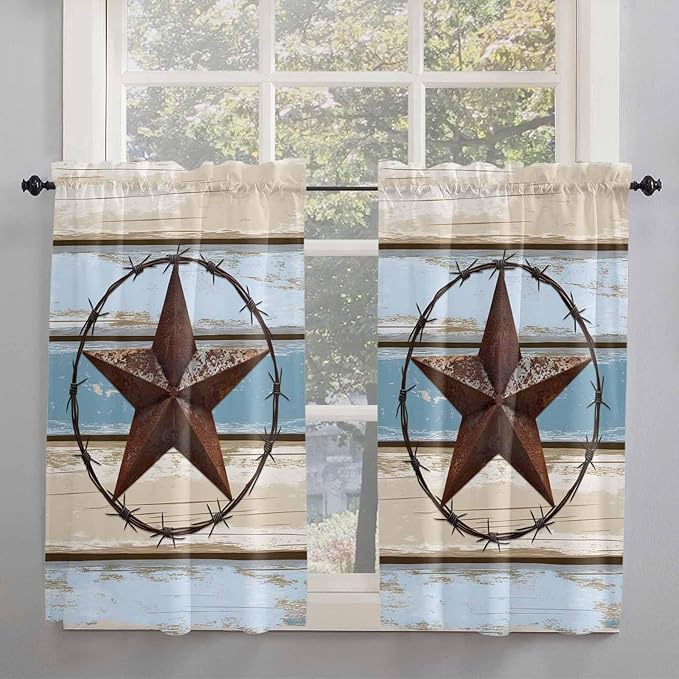Vintage Western Star on Wood Grain Window Valance Curtains, Retro Wooden - Image 2