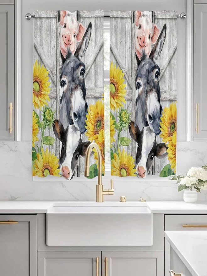 Farmhouse Bedroom Curtains 63 Inches length, Watercolor Sunflowers Animals - Image 3