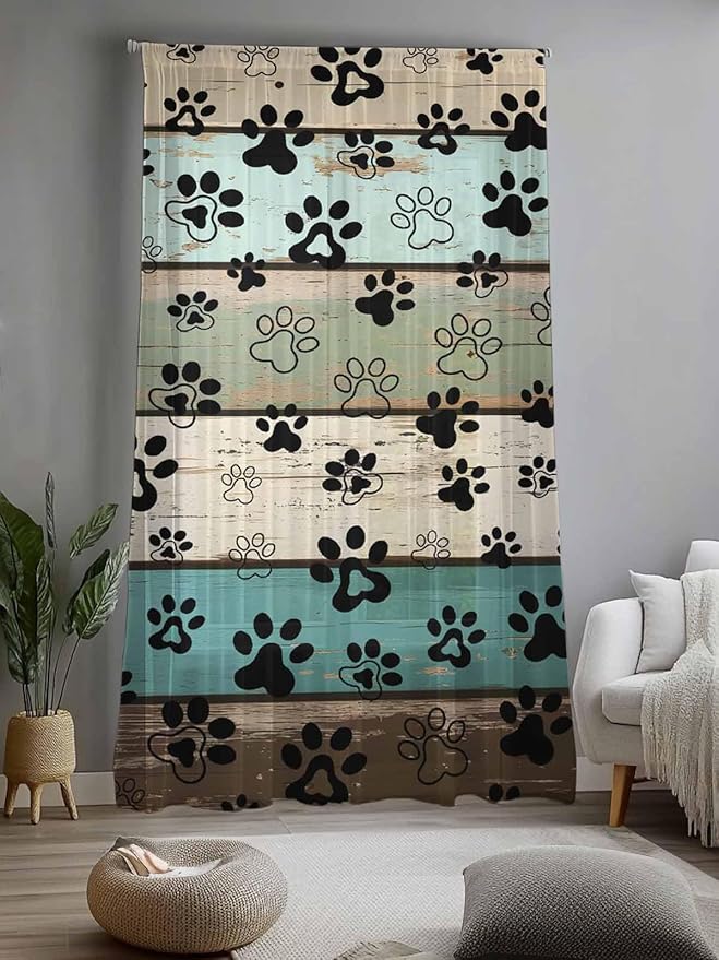 Sheer Curtains 108 Inches Long, Sage Green Brown Paw Prints Semi Sheer Curtains - Image 2