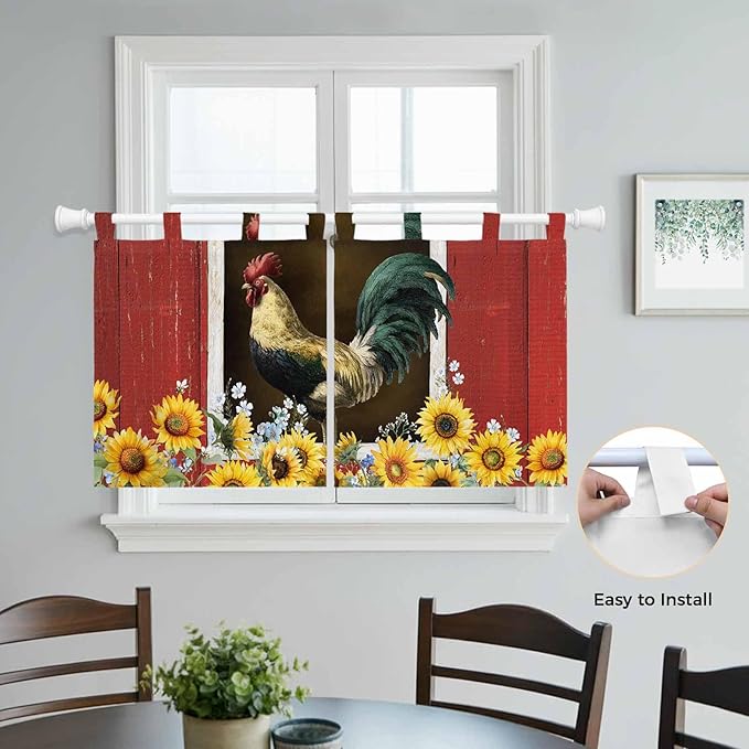 Chicken Sunflowers Kitchen Curtains 24 Inch Length, Small Window Curtains Tab - Image 4