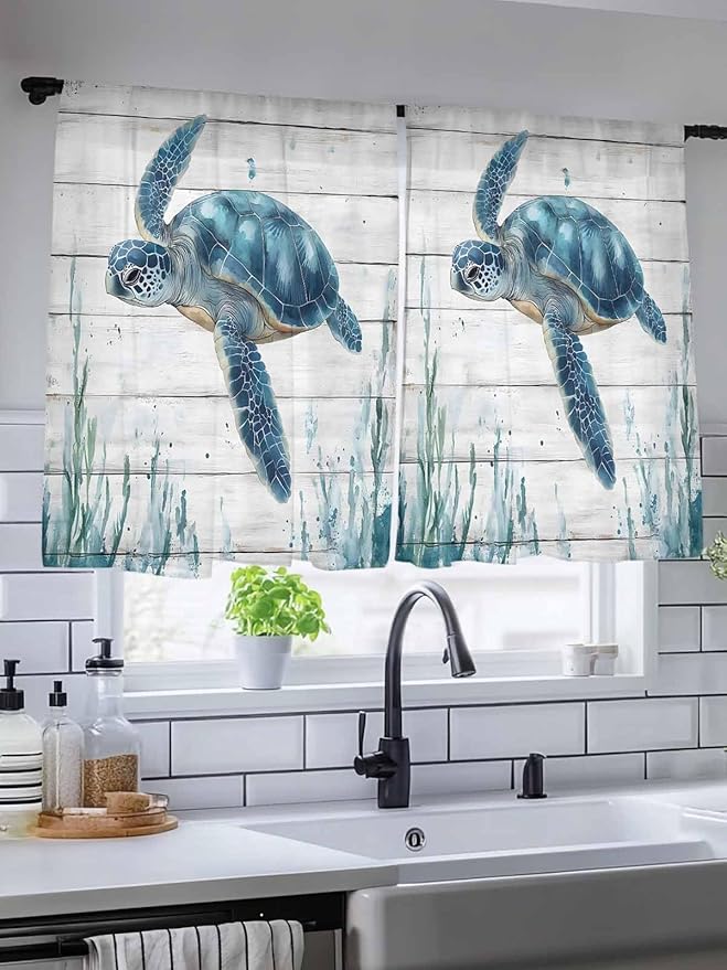 Sheer Curtains 45 Inch Length, Teal Green Ocean Turtle Semi Sheer Curtains - Image 5
